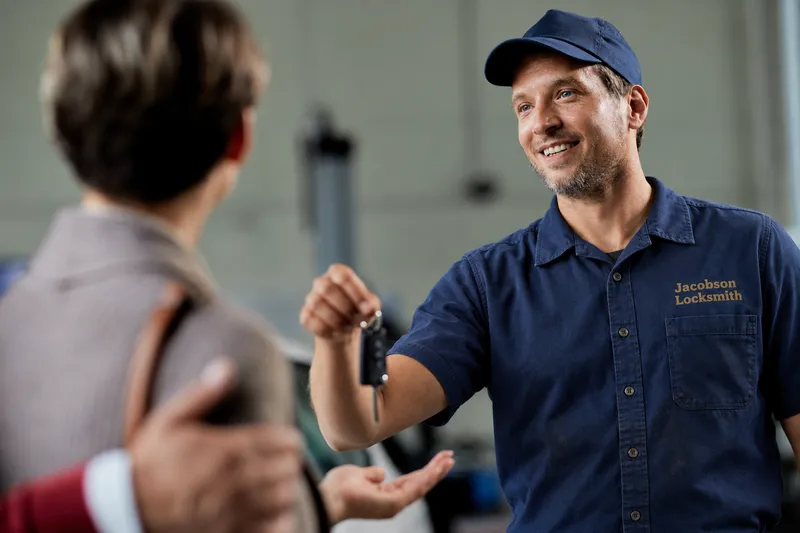 Jacobson Locksmith technician handing car keys to a customer